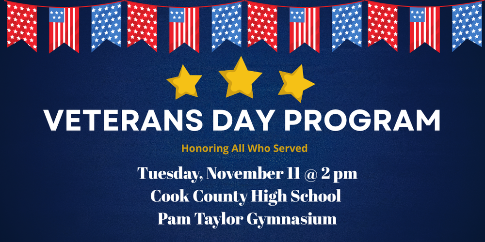Veterans Day Program flyer with patriotic red, white, and blue banner decorations and three gold stars. The text reads: "Veterans Day Program – Honoring All Who Served. Tuesday, November 11 @ 2 pm. Cook County High School, Pam Taylor Gymnasium."