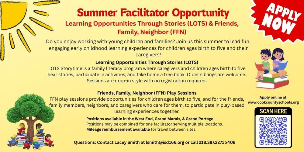 Summer Facilitator Opportunity Apply at www.cookcountyschools.org Questions contact Lacey Smith lsmith@isd166.org