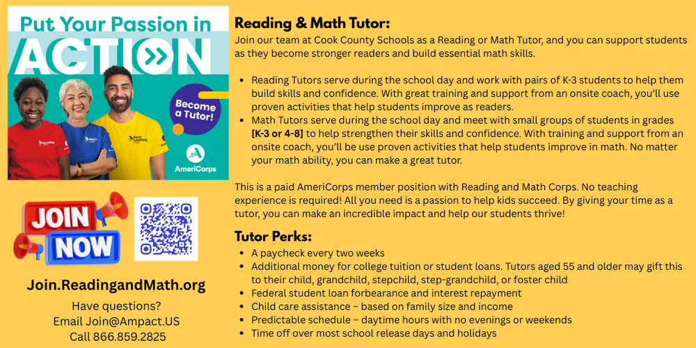 Put your passion into action. Become a Reading or Math Tutor. Apply through Join.Readingand Math.org