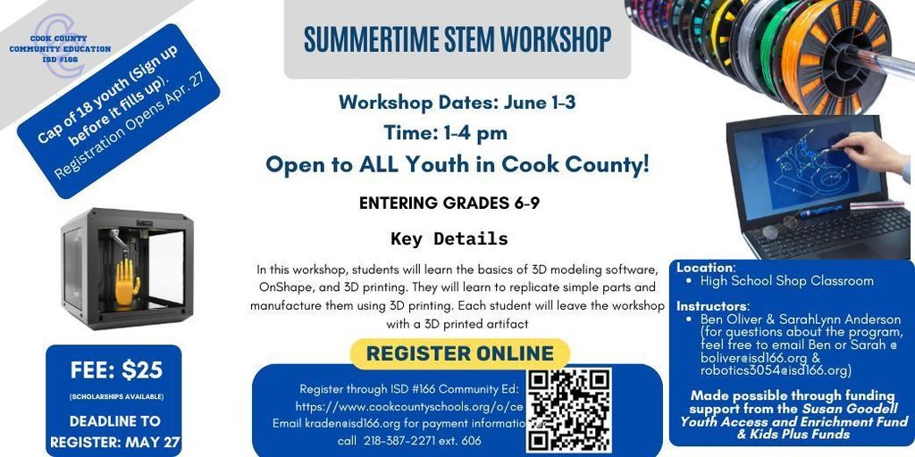 Summertime STEM Workshop. June 1-3 from 1-4 pm for ALL Youth in Cook County entering grades 6-9. Cook County High School