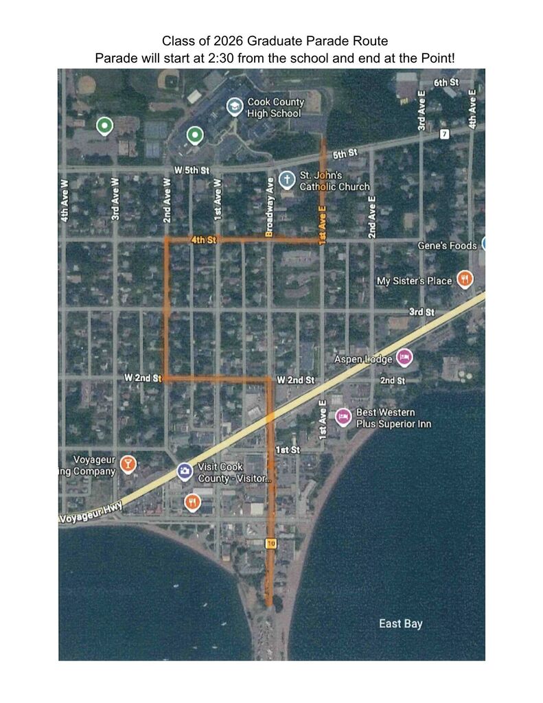 Class of 2026 Graduate Parade Route. Parade will start at 2:30 from the school and end at the Point! 
