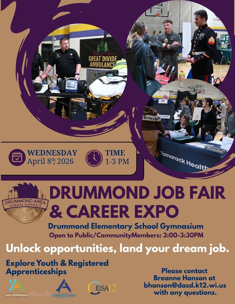 Wed. April 8 at the drummond elementary school 1-3 pm