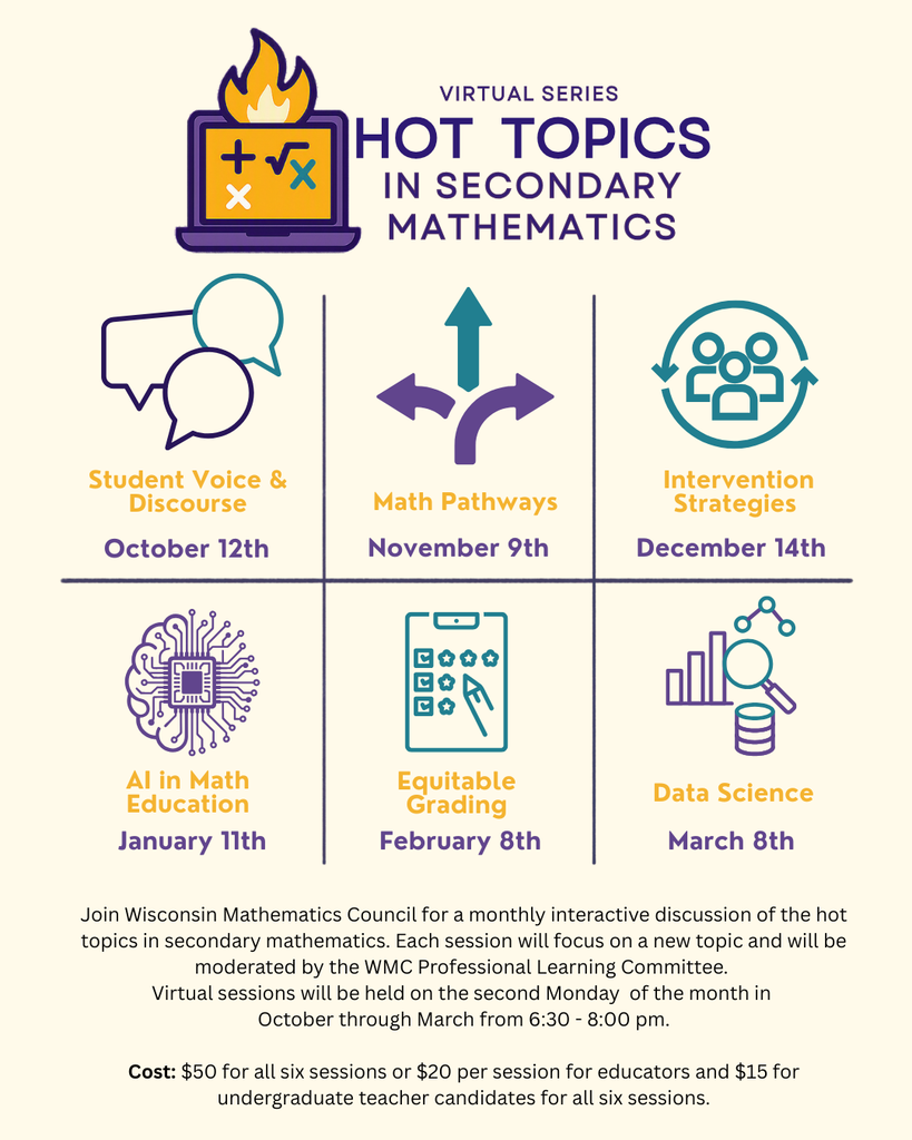 Flyer for Hot Topics in Secondary Math. Cost is $50 for all six sessions or $20 per session for educations and $15 for undergraduate teacher candidates for all six sessions.