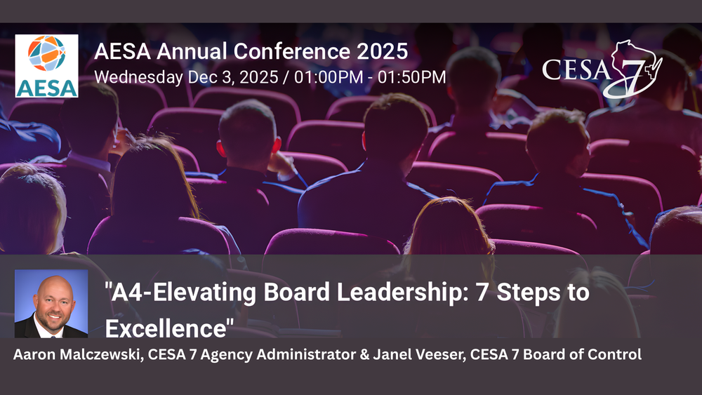 group of people shown from behind sitting in auditorium seats. Aaron Malczewski, AESA log and CESA 7 logo