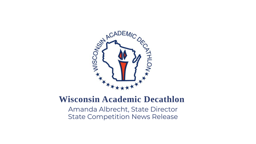 Outline of the State of Wisconsin with a red flame torch inside and Wisconsin Adademic Decathlon around the outside.