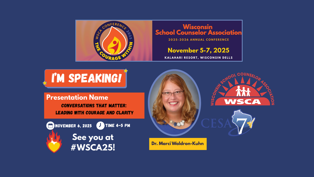 WSCA Logo, Oval photo of Dr. Marci Waldron-Kuhn CESA 7 Logo