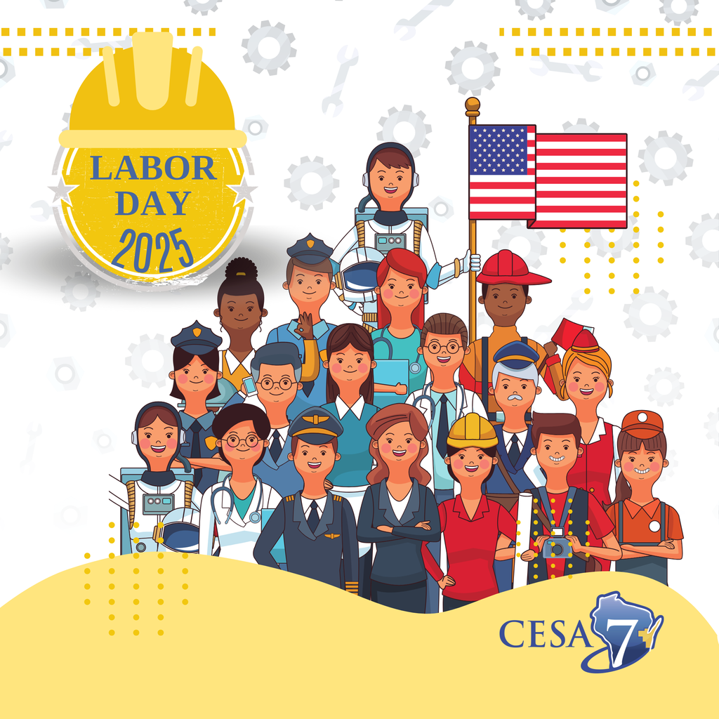 group of cartoon people from many different professions holding an American flag CESA 7 logo.