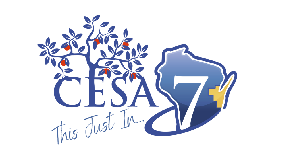 CESA 7 blue  This Just In logo with apple tree over the E.