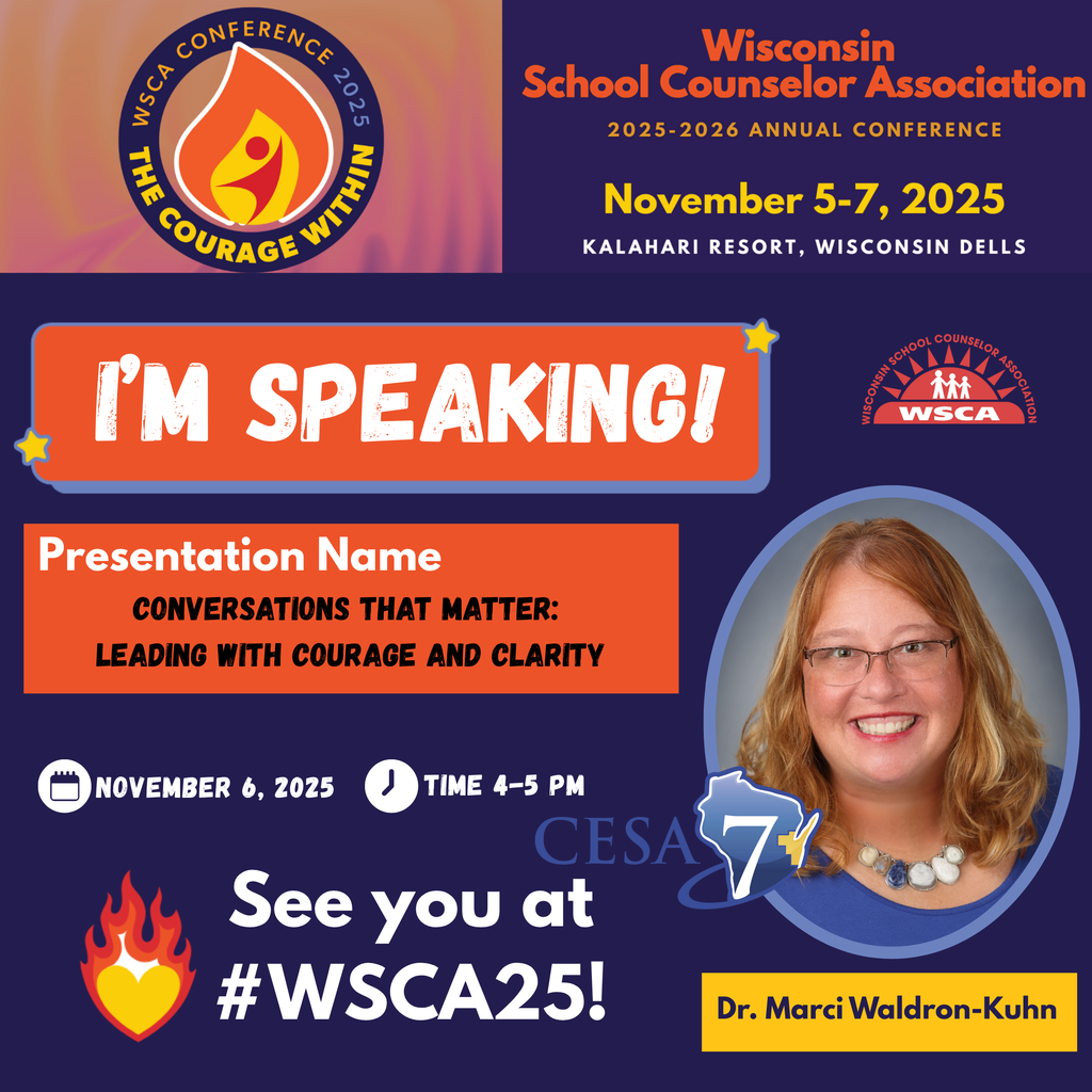 oval photo of Dr. Marci Waldron-Kuhn WSCA Conference Logo and CESA 7 logo