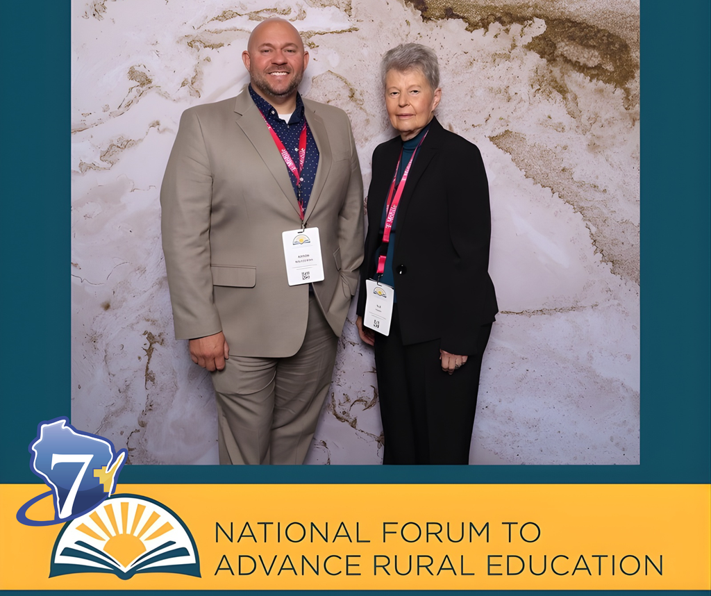 two people standing side by side. CESA 7 logo and National Forum to Advance Rural Education logo
