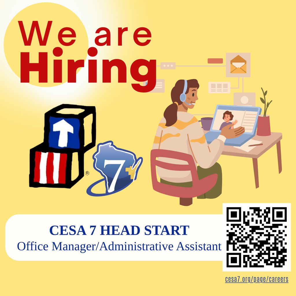 graphic of office assistant sitting in front of laptop wearing headphones. CESA 7 and Head Start logos.