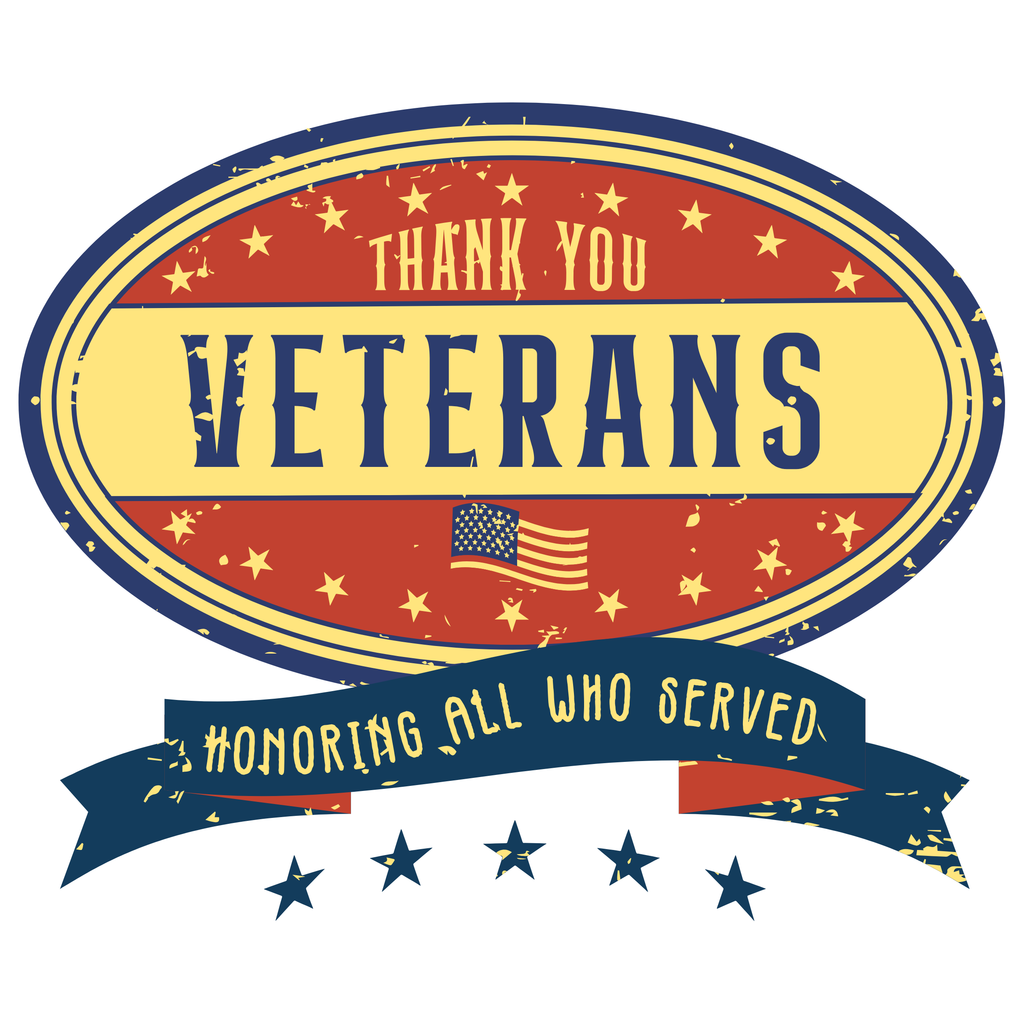 red oval with Thank You Veterans in it and American Flag