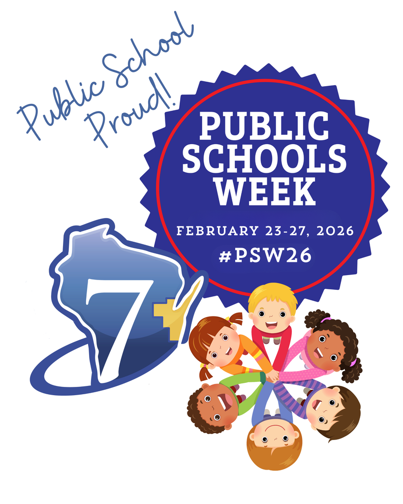 Public Schools Week February 23-27, 2026. CESA 7, #PSW26, and cartoon children in a circle with hands in the center.