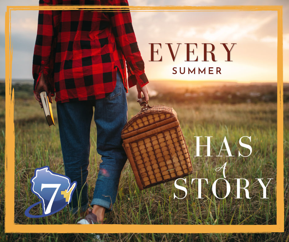 Person walking through tall grass towards a sunset, holding a basket and a book. 