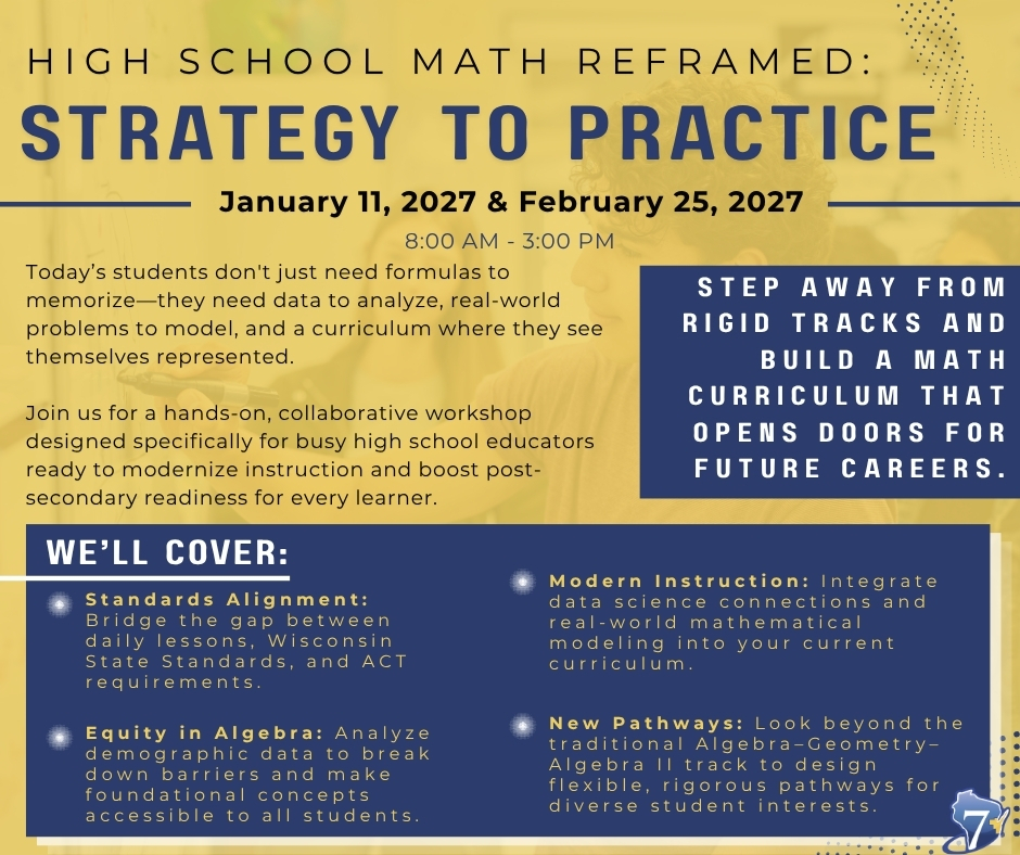A poster for a high school math workshop with yellow and blue backgrounds. It reads "Strategy to Practice" and lists dates.