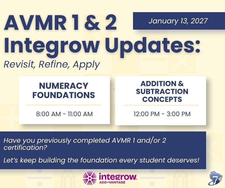 An educational poster for AVMR 1 and 2 updates, featuring a beige background and blue text. Sessions include "Numeracy Foundations" and "Addition & Subtraction Concepts."