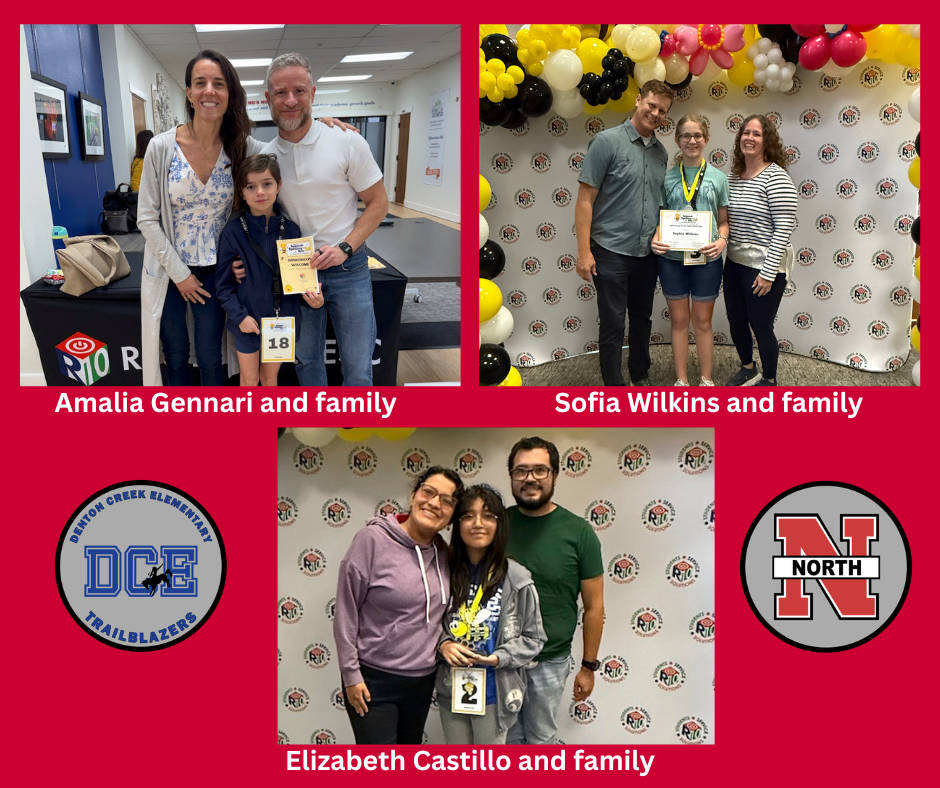 Three photos show students standing with their families while holding certificates and medals, with names labeled: Amalia Gennari, Sofia Wilkins, and Elizabeth Castillo, alongside school logos.