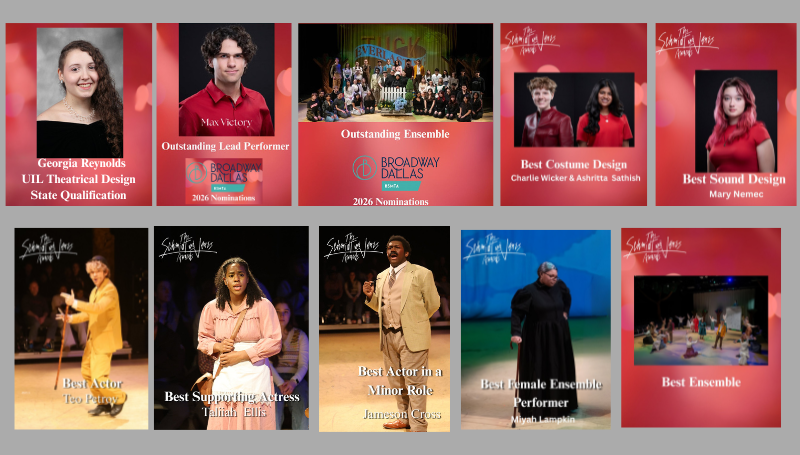 Graphic collage highlighting multiple student theater award nominations and honors, featuring headshots, performance photos, and award titles on red backgrounds.
