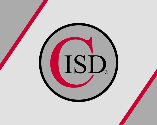 Coppell ISD logo displayed on a light gray background. The logo features a large red capital letter “C” behind the black letters “ISD,” enclosed within a black circle. Two diagonal red accent lines appear in opposite corners of the image, one in the upper left and one in the lower right. The text reads: “CISD®.”