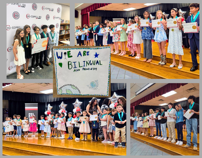 Collage of Seal of Biliteracy celebration photos. Center image shows a student-made sign reading “WE ARE BILINGUAL AND PROUD #CISD.” Surrounding images show groups of elementary, middle, and high school students standing on a stage holding certificates and wearing medallions during a recognition ceremony. One photo shows a small group posing with a large certificate in front of a Coppell ISD backdrop. Another shows young students lined up on stage with certificates and star balloons, while adults assist and take photos.