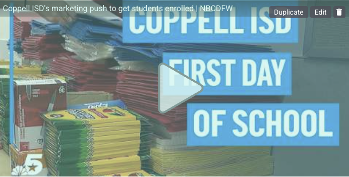 Screenshot thumbnail from a video about Coppell ISD student enrollment. The image shows stacks of school supplies, including notebooks, folders, and boxes of crayons, arranged on shelves. Large blue text on the right reads, “COPPELL ISD FIRST DAY OF SCHOOL.” A video play button icon is centered over the image. Additional text at the top reads, “Coppell ISD’s marketing push to get students enrolled | NBCDFW.”