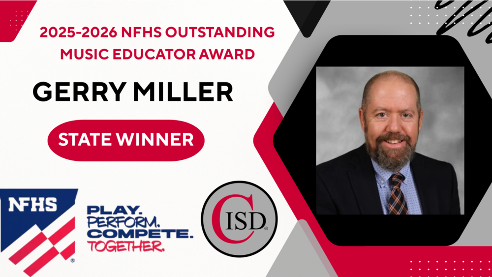 Graphic of Gerry Miller with NFHS Logo - Play. Perform. Compete. Together and text which reads: 2025-2026 NFHS Outstanding Music Educator Award, Gerry Miller, State Winner