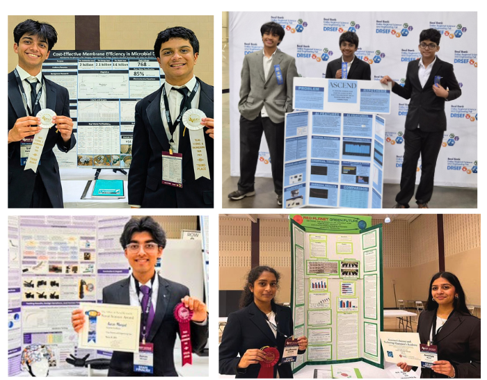 Collage of students presenting science fair projects, standing by research posters, and holding awards