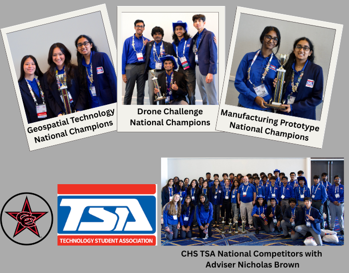 Graphic recognizing Coppell High School Technology Student Association (TSA) national competitors and champions. The graphic includes four photos of students wearing blue TSA jackets and medals at a national competition. Text beneath the photos reads: “Geospatial Technology National Champions,” “Drone Challenge National Champions,” and “Manufacturing Prototype National Champions.” A larger group photo at the bottom shows Coppell High School TSA competitors posing with trophies and medals alongside adviser Nicholas Brown. The TSA logo and Coppell High School TSA logo appear on the left. The design uses a gray background with white-bordered photo frames and black text highlighting the national championship accomplishments.