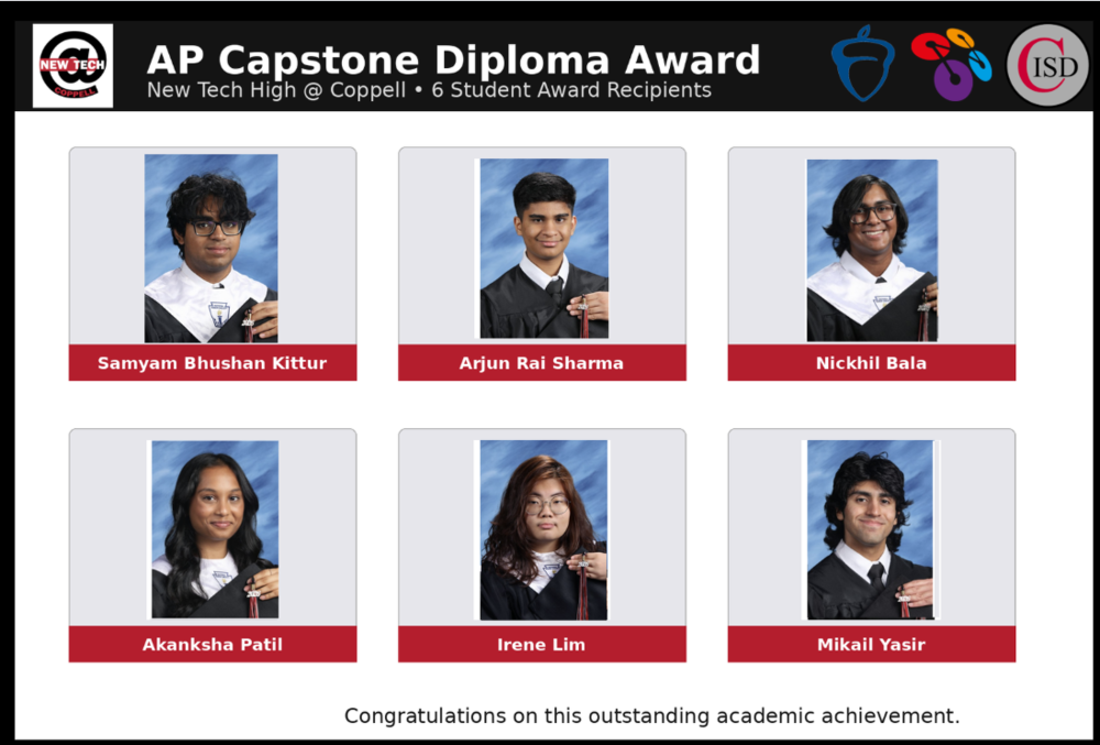AP Capstone Diploma Award” for New Tech High @ Coppell, recognizing six student award recipients: Samyam Bhushan Kittur, Arjun Rai Sharma, Nickhil Bala, Akanksha Patil, Irene Lim and Mikail Yasir. The graphic includes each student’s graduation portrait and the message, “Congratulations on this outstanding academic achievement.”