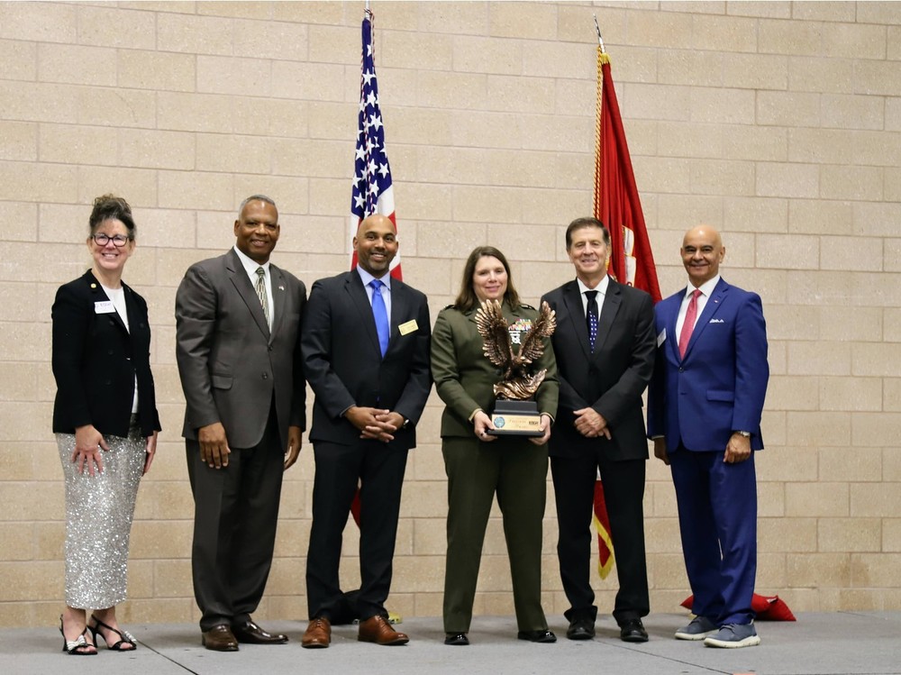 From left: Texas ESGR Northern Region Director Wyvette McLendon, National ESGR Executive Director Retired Command Sergeant Major John Sampa, CISD Trustee and Board Secretary Jobby Mathew, Lieutenant Colonel Esther Gomez Splawn, Interim Superintendent Doug Williams and Texas ESGR Committee Chair Retired Major General Rick Noriega.