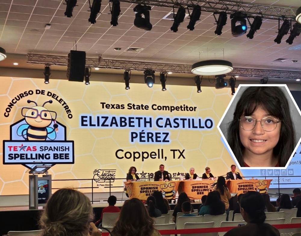 Large screen at a Texas Spanish Spelling Bee event displays “Texas State Competitor Elizabeth Castillo Pérez, Coppell, TX,” alongside a headshot of the student. Judges sit at a table on stage while an audience is seated in rows of chairs facing the stage.