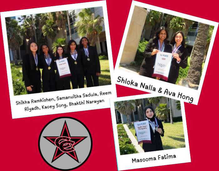 Collage of three photos recognizing HOSA student competitors. Top left image shows a group of five students wearing medals and formal attire standing outdoors, with one person holding a large “1st Place” certificate; names listed below read: “Shikha Ramkishen, Samanvitha Sadula, Reem Rijadh, Kacey Song, Bhakthi Narayan.” Top right image shows two students holding a “1st Place” certificate with the caption “Shloka Nalla & Ava Hong.” Bottom right image shows one student holding a “2nd Place” certificate labeled “Masooma Fatima.” CHS star logo appears at the bottom left.