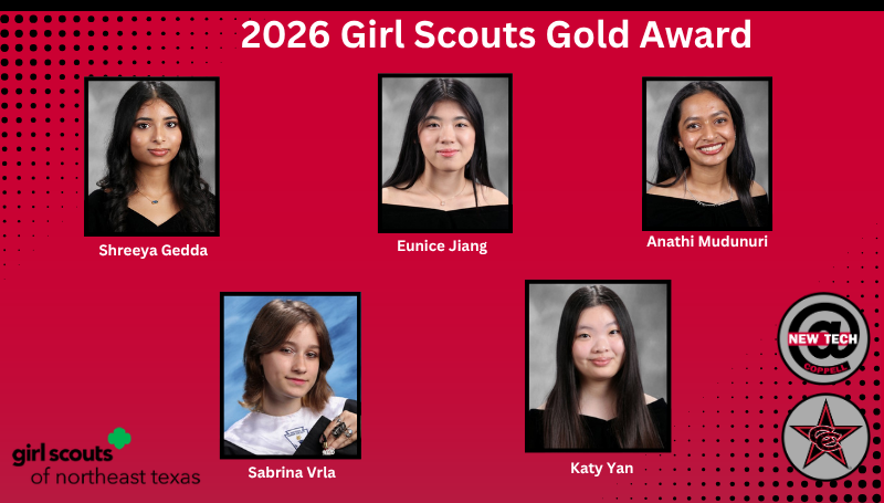 Graphic titled “2026 Girl Scouts Gold Award” features five student portraits arranged in two rows. Names below each photo read Shreeya Gedda, Eunice Jiang, Anathi Mudunuri, Sabrina Vrla, and Katy Yan. Logos for Coppell High School Cowboys, New Tech Coppell appear on the right side and Girl Scouts of Northeast Texas appears on the left side.