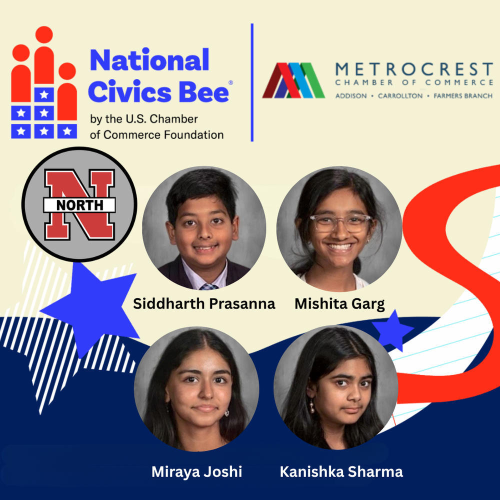 Graphic featuring four student headshots and names recognizing National Civics Bee participants, with Civics Bee and Metrocrest Chamber of Commerce logos.