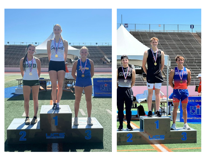 Two photos of track and field medalists standing on podiums at a stadium. In the left image, three athletes stand on first-, second-, and third-place blocks wearing medals, with the center athlete in first place on the tallest platform. In the right image, another group of three athletes stands on a similar podium with medals, again with the first-place finisher in the center. Stadium bleachers, a tent, and track signage are visible in the background.