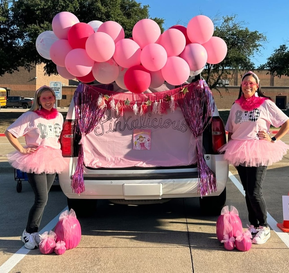 Two adults in pink shirts and tutus stand beside a white SUV decorated with pink balloons, metallic fringe and a “Pinkalicious” banner.