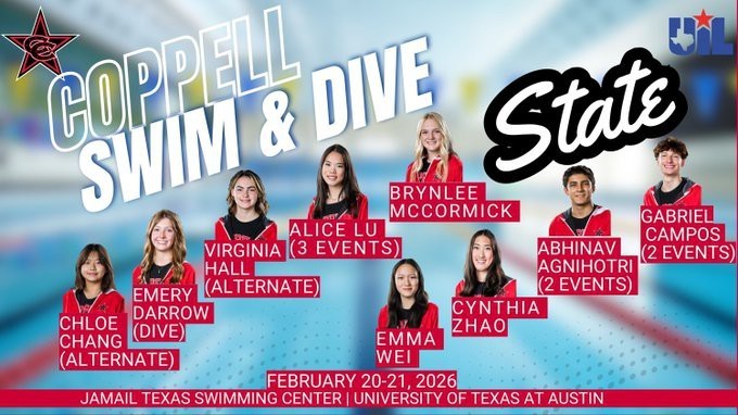 Coppell Swim and Dive State qualifiers graphic with headshots and their names which are listed in the story.