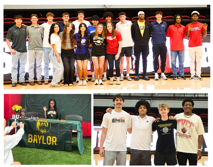 Collage of student signing day photos in a gymnasium. Top image shows a large group of students standing in a row on a basketball court wearing college or school apparel. Bottom left image shows a student seated at a table with a green “BAYLOR” tablecloth and bear logo while signing papers as someone takes a photo. Bottom right image shows four students standing together, each wearing different college T-shirts, posing with arms around each other. The names of the students are in the text below.