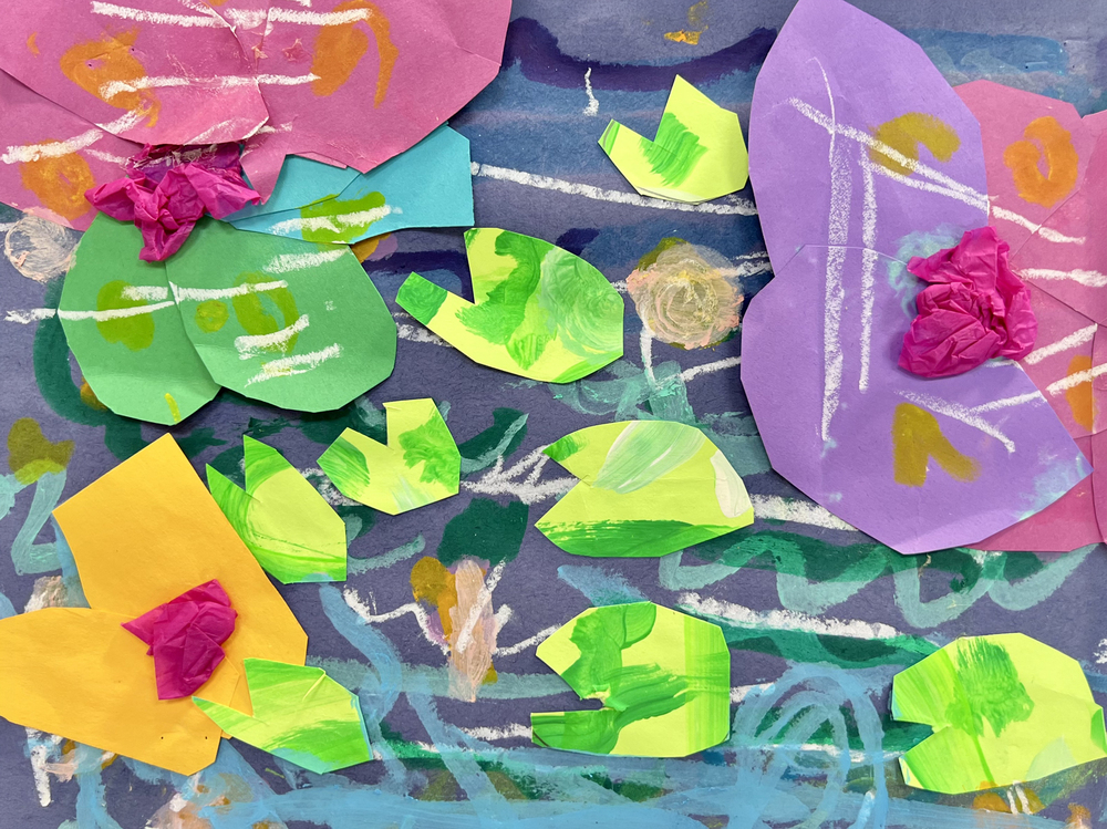 Colorful mixed-media collage featuring overlapping pink, purple, green, yellow, and blue paper shapes, green paint, white chalk lines, and crumpled pink tissue paper.