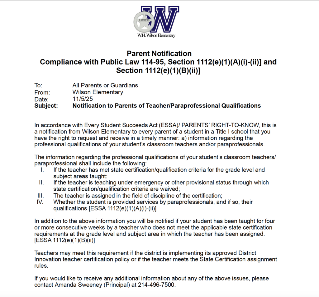 Notification to Parents of Teacher/Paraprofessional Qualifications