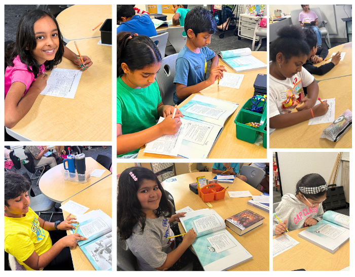 Students sit at classroom tables reading and writing in workbooks and books, with a collage showing six photos of elementary students engaged in independent reading and literacy activities.