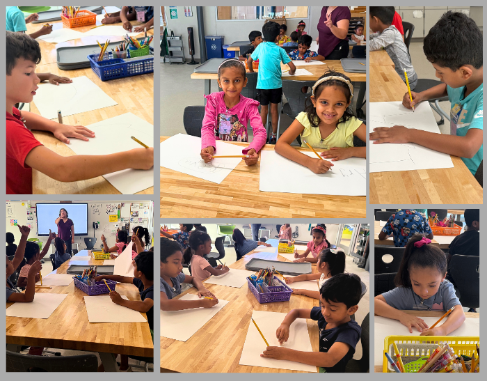 Students participate in a classroom drawing activity, using pencils and large sheets of paper at tables. The collage includes six photos showing students working independently and together, with a teacher leading the activity in one image.