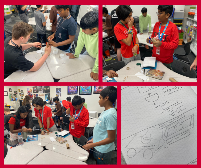 CMS East students work together in a classroom on an engineering design activity, using craft materials at desks and reviewing a hand-drawn design plan. The collage includes three photos of students collaborating and one close-up of a sketched prototype labeled with materials and parts.