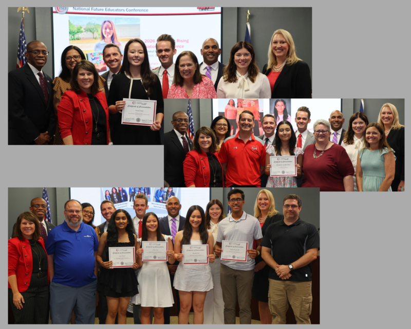 Collage of three Coppell ISD Board recognition photos showing students Yeseul Bak and Elizabeth Castillo Pérez, along with Sree Pitani, Chloe Tan, Rachel Chio and Reyansh Gandhi, holding Certificates of Commendation with district leaders and staff.