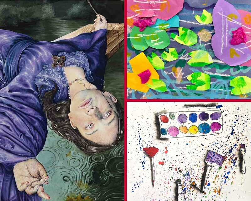 Collage of three artworks: a woman in a flowing purple dress beside dark water, colorful paper flowers and lily pads, and a watercolor palette with painting tools surrounded by multicolored splatters.