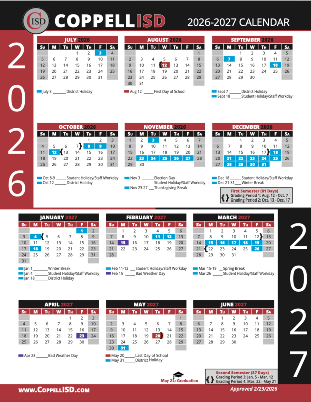 Image of 2026-2027 Calendar with dates that are mentioned in text below