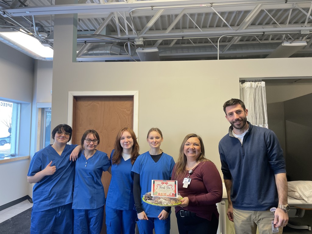 Students Kiera Bellaire, Bella Graftson, Kaylee Ollila, and Tori Ahola with BCMH Rehab's Physical Therapists: Jessica Froberg, PT, DPT, and Charlie Anderson, PT, DPT, SCS, CSCS.