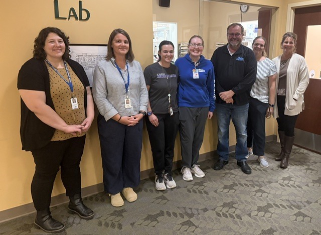CTE Health Sciences Instructional Staff with BCMH CEO Rob Stowe and BCMH Medical Lab Tech Summer Rice (former CTE Health Careers student with Instructor Brooke Osterman).