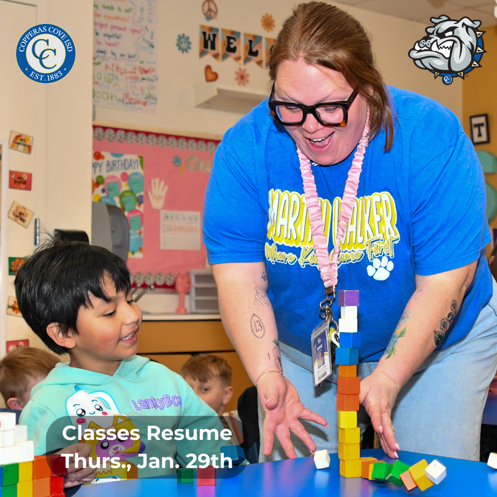 Graphic with CCISD logo. Classes resume Thursday, January 29th