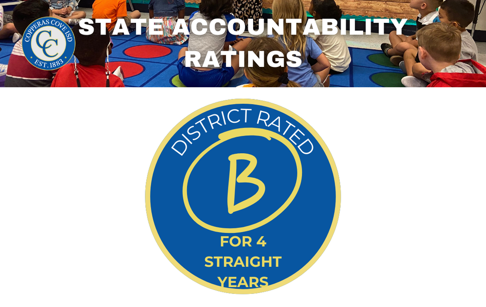 Graphic with CCISD logo. State Accountability Ratings. District Rated B for 4 straight years